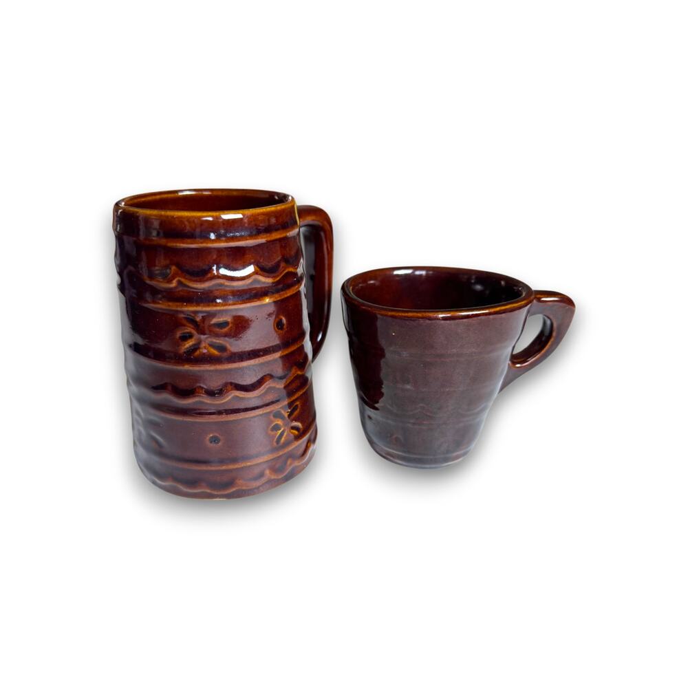 Vintage Brown Glazed USA Pottery Pitcher and Mug Set Mid Century Modern